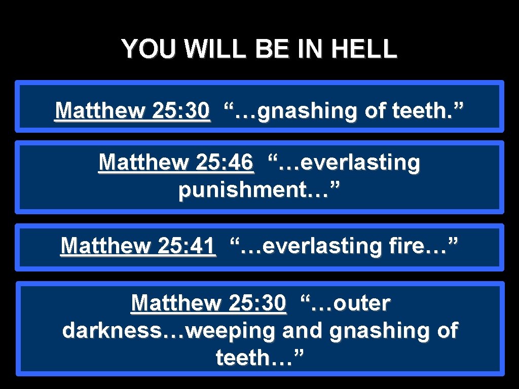 YOU WILL BE IN HELL Matthew 25: 30 “…gnashing of teeth. ” Matthew 25: YOU WILL BE IN HELL Matthew 25: 30 “…gnashing of teeth. ” Matthew 25: