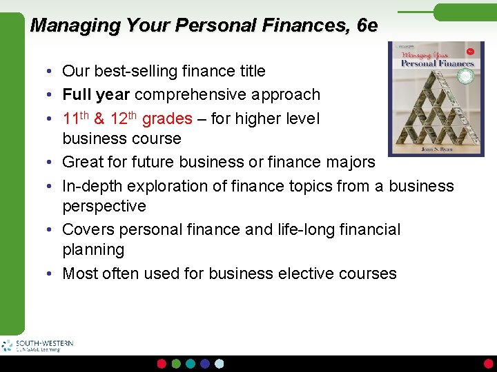 Managing Your Personal Finances, 6 e • Our best-selling finance title • Full year