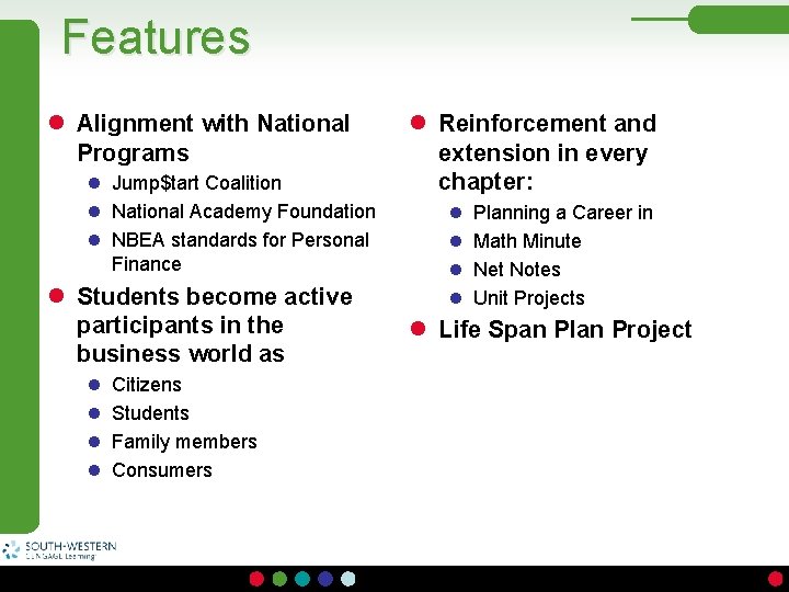 Features l Alignment with National Programs l Jump$tart Coalition l National Academy Foundation l
