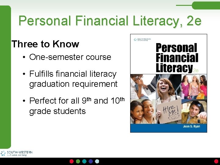 Personal Financial Literacy, 2 e Three to Know • One-semester course • Fulfills financial