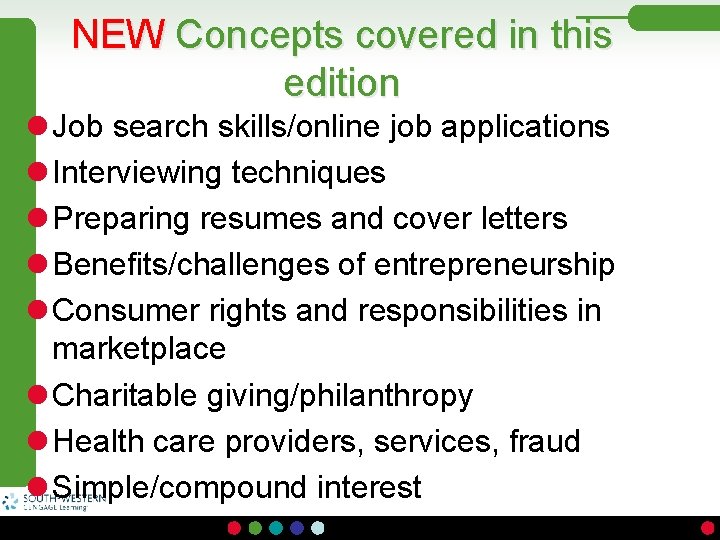 NEW Concepts covered in this edition l Job search skills/online job applications l Interviewing