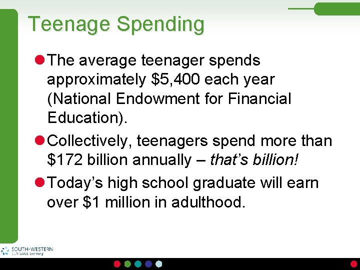 Teenage Spending l The average teenager spends approximately $5, 400 each year (National Endowment