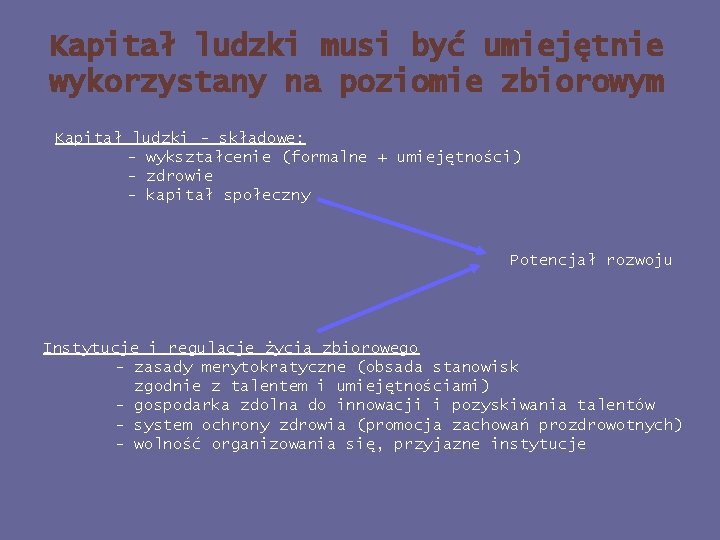 Kapitał ludzki musi być umiejętnie wykorzystany na poziomie zbiorowym Kapitał ludzki - składowe: -