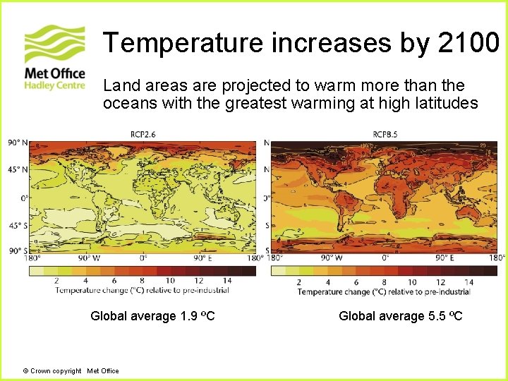 Temperature increases by 2100 Land areas are projected to warm more than the oceans Temperature increases by 2100 Land areas are projected to warm more than the oceans