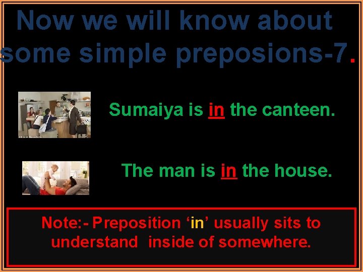 Now we will know about some simple preposions-7. Sumaiya is in the canteen. The