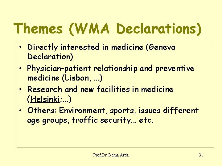 Themes (WMA Declarations) • Directly interested in medicine (Geneva Declaration) • Physician-patient relationship and