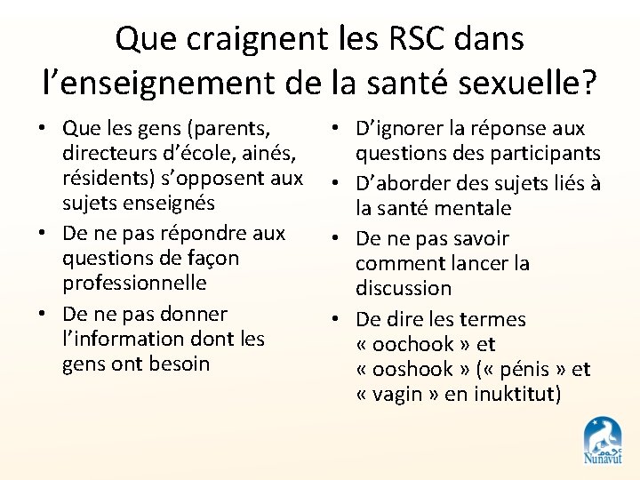 Que craignent les RSC dans l’enseignement de la santé sexuelle? • Que les gens