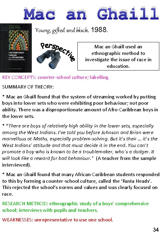 Mac an Ghaill Young, gifted and black. 1988. Mac an Ghaill used an ethnographic