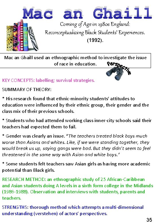 Mac an Ghaill Coming of Age in 1980 s England: Reconceptualizing Black Students’ Experiences.