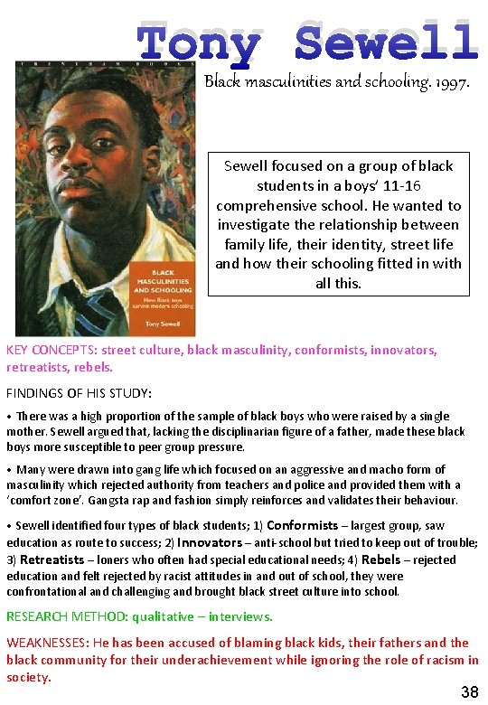 Tony Sewell Black masculinities and schooling. 1997. Sewell focused on a group of black