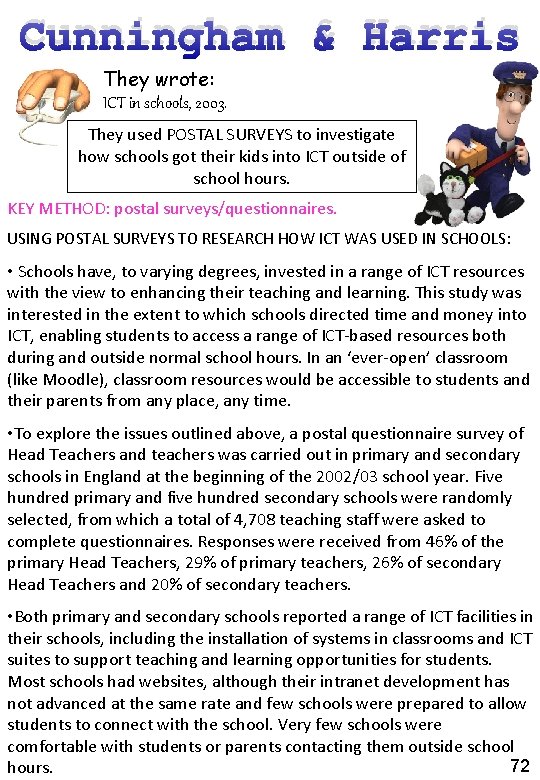 Cunningham & Harris They wrote: ICT in schools, 2003. They used POSTAL SURVEYS to