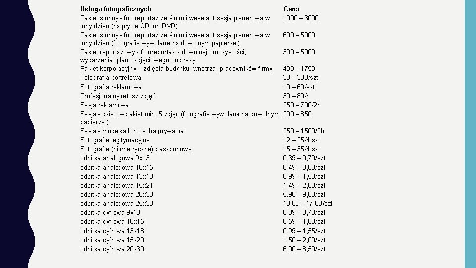 Usługa fotograficznych Cena* Pakiet ślubny - fotoreportaż ze ślubu i wesela + sesja plenerowa