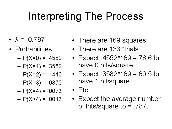 Interpreting The Process • λ = 0. 787 • Probabilities: – – – P(X=0)