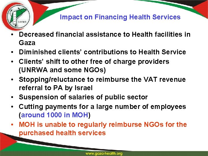 Impact on Financing Health Services • Decreased financial assistance to Health facilities in Gaza