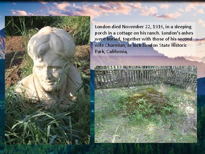 London died November 22, 1916, in a sleeping porch in a cottage on his London died November 22, 1916, in a sleeping porch in a cottage on his