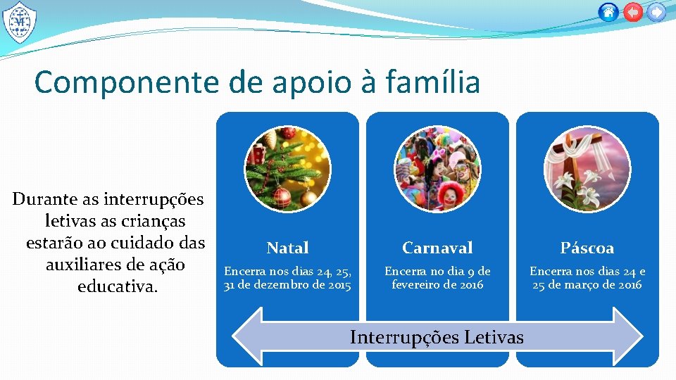 Componente de apoio à família Durante as interrupções letivas as crianças estarão ao cuidado