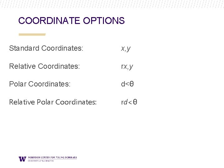 COORDINATE OPTIONS Standard Coordinates: x, y Relative Coordinates: rx, y Polar Coordinates: d<θ Relative COORDINATE OPTIONS Standard Coordinates: x, y Relative Coordinates: rx, y Polar Coordinates: d<θ Relative