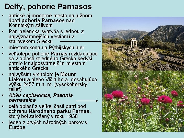 Delfy, pohorie Parnasos • antické aj moderné mesto na južnom úpätí pohoria Parnasos nad