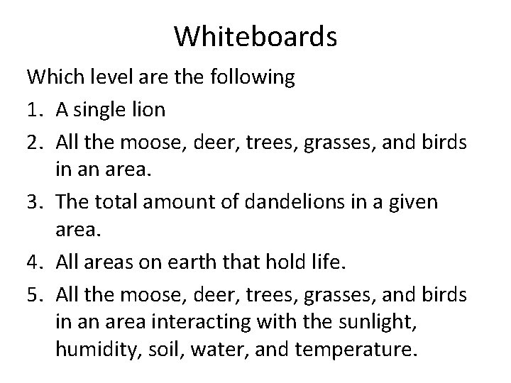Whiteboards Which level are the following 1. A single lion 2. All the moose,