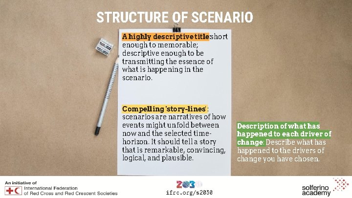 STRUCTURE OF SCENARIO A highly descriptive title: short enough to memorable; descriptive enough to