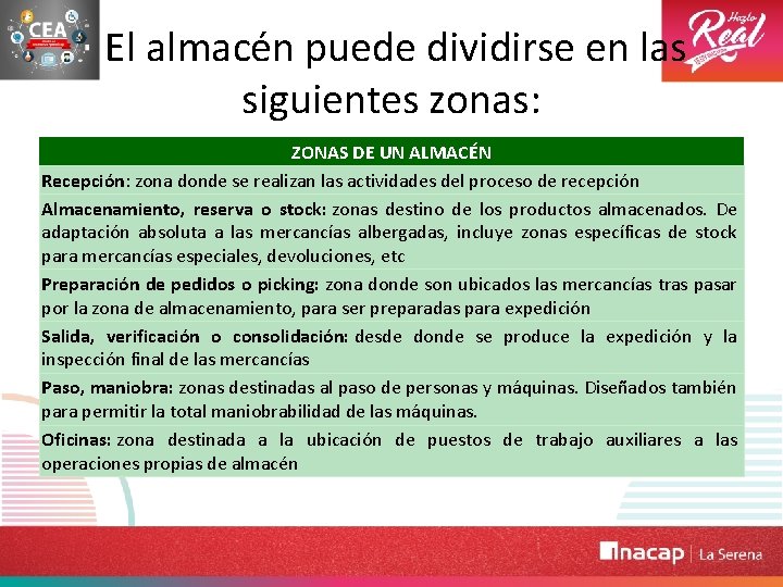  El almacén puede dividirse en las siguientes zonas: ZONAS DE UN ALMACÉN Recepción: