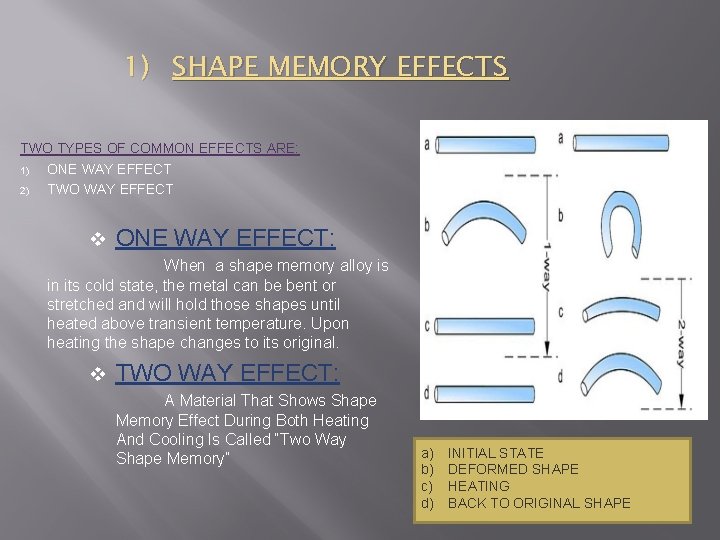 1) SHAPE MEMORY EFFECTS TWO TYPES OF COMMON EFFECTS ARE: 1) ONE WAY EFFECT