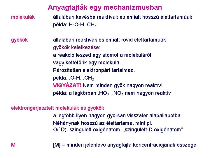 Anyagfajták egy mechanizmusban molekulák általában kevésbé reaktívak és emiatt hosszú élettartamúak példa: H-O-H, CH