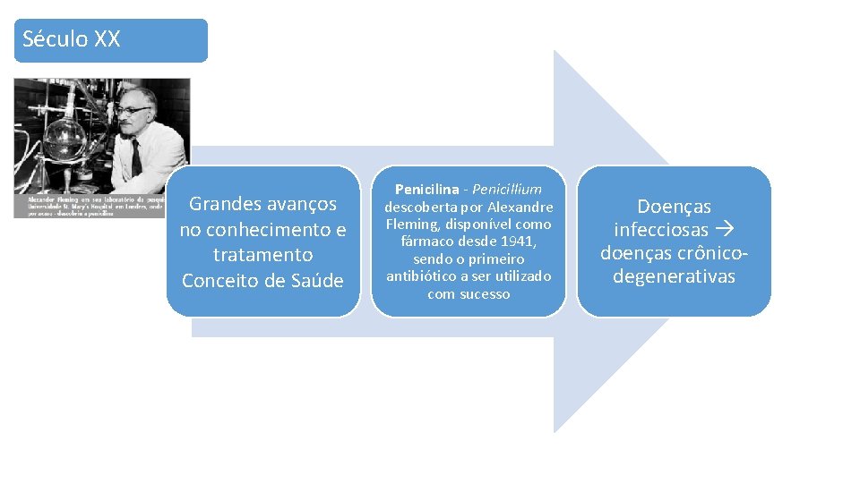 Século XX Grandes avanços no conhecimento e tratamento Conceito de Saúde Penicilina - Penicillium