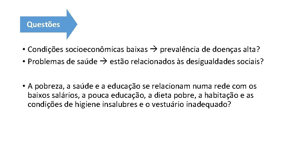 Questões • Condições socioeconômicas baixas prevalência de doenças alta? • Problemas de saúde estão