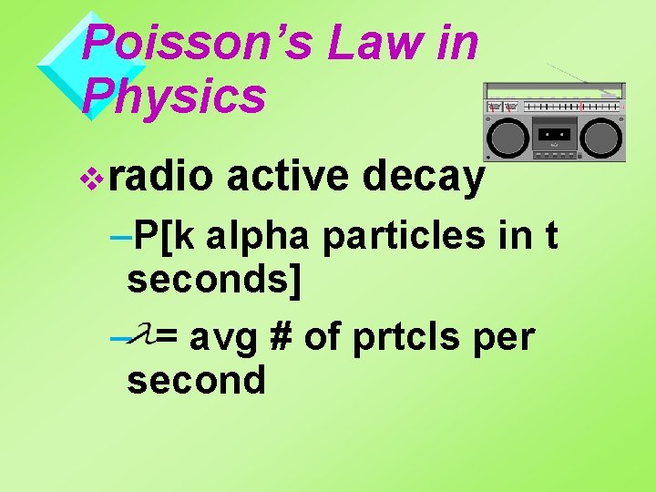 Poisson’s Law in Physics vradio active decay –P[k alpha particles in t seconds] –