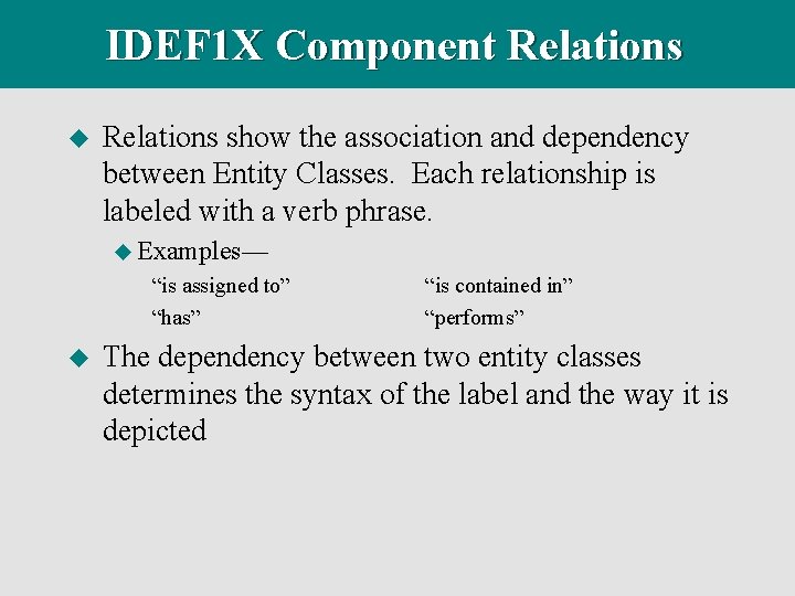 IDEF 1 X Component Relations u Relations show the association and dependency between Entity