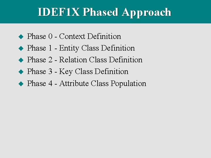 IDEF 1 X Phased Approach u u u Phase 0 - Context Definition Phase