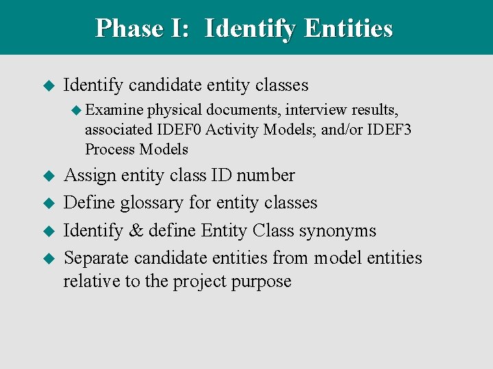 Phase I: Identify Entities u Identify candidate entity classes u Examine physical documents, interview