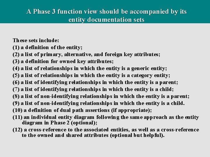 A Phase 3 function view should be accompanied by its entity documentation sets These