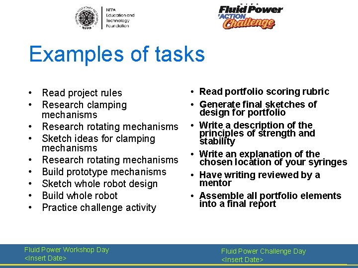 Examples of tasks • Read project rules • Research clamping mechanisms • Research rotating