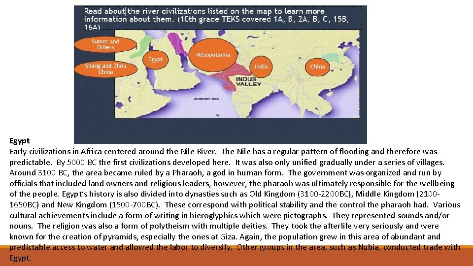 Egypt Early civilizations in Africa centered around the Nile River. The Nile has a