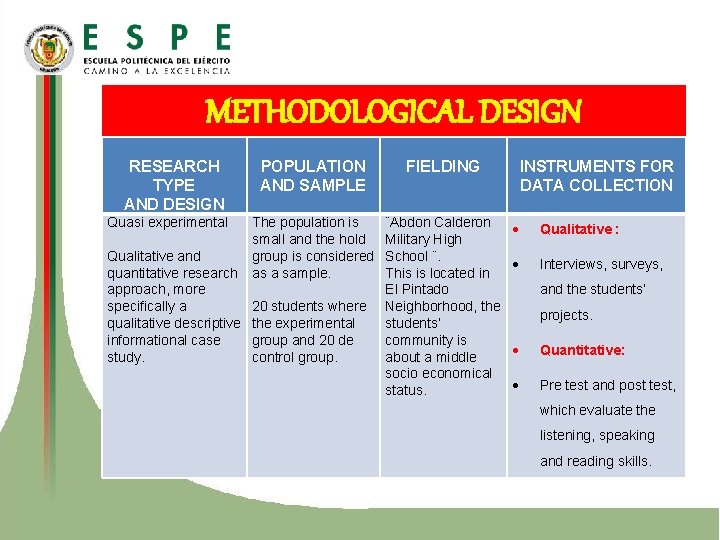 METHODOLOGICAL DESIGN RESEARCH TYPE AND DESIGN Quasi experimental POPULATION AND SAMPLE The population is