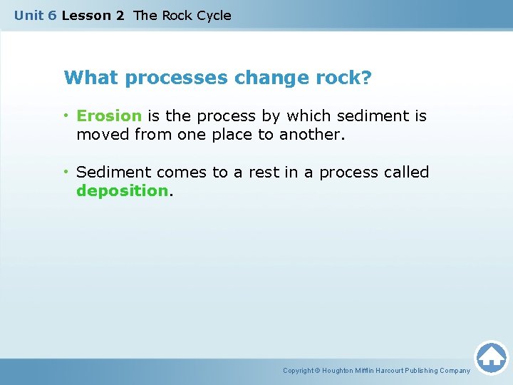 Unit 6 Lesson 2 The Rock Cycle What processes change rock? • Erosion is