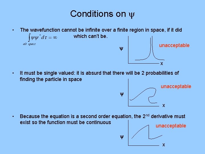 Conditions on • The wavefunction cannot be infinite over a finite region in space,