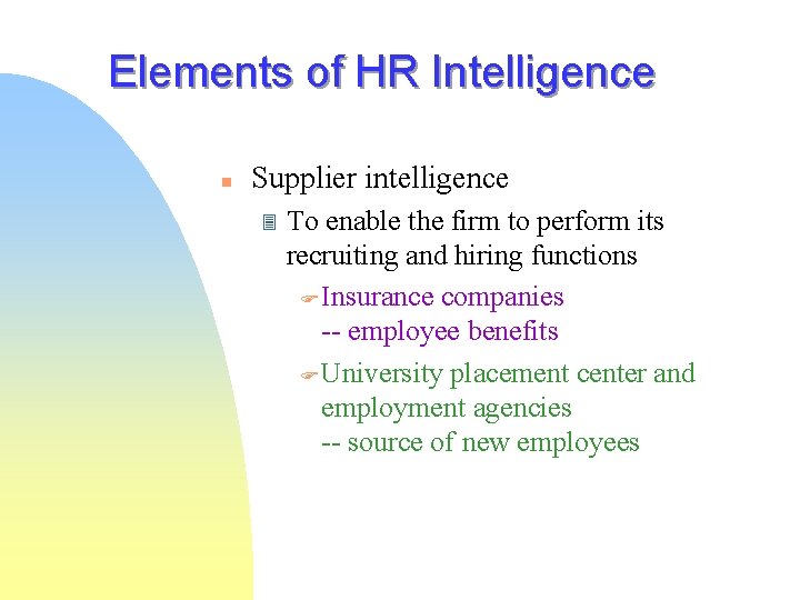 Elements of HR Intelligence n Supplier intelligence 3 To enable the firm to perform Elements of HR Intelligence n Supplier intelligence 3 To enable the firm to perform