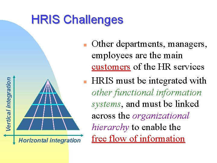 HRIS Challenges Vertical integration n n Horizontal integration Other departments, managers, employees are the HRIS Challenges Vertical integration n n Horizontal integration Other departments, managers, employees are the