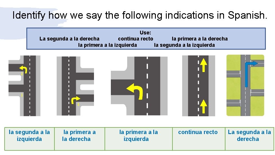 Identify how we say the following indications in Spanish. Use: La segunda a la