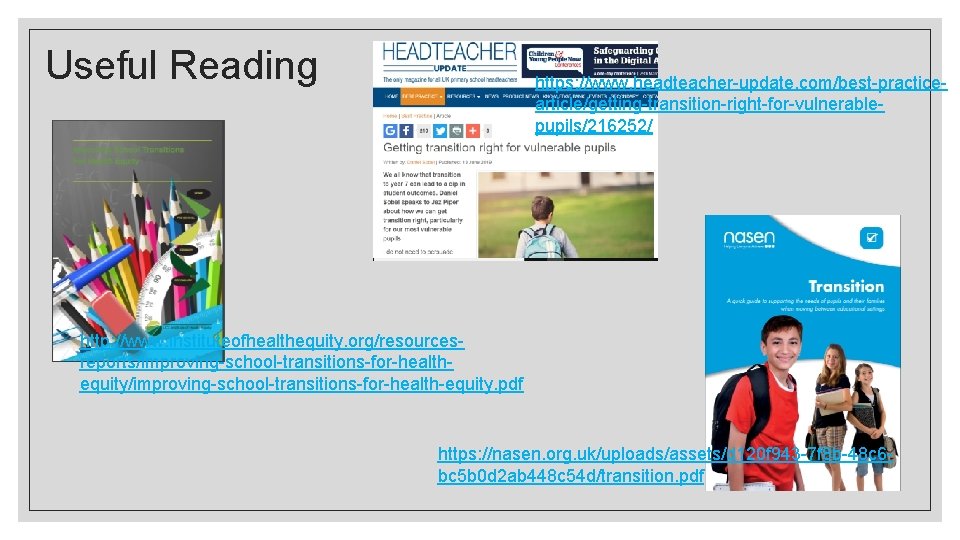 Useful Reading https: //www. headteacher-update. com/best-practicearticle/getting-transition-right-for-vulnerablepupils/216252/ http: //www. instituteofhealthequity. org/resourcesreports/improving-school-transitions-for-healthequity/improving-school-transitions-for-health-equity. pdf https: //nasen. org.