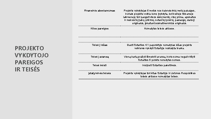 PROJEKTO VYKDYTOJO PAREIGOS IR TEISĖS Finansinis atsekamumas Projekto vykdytojas 5 metus nuo kalendorinių metų