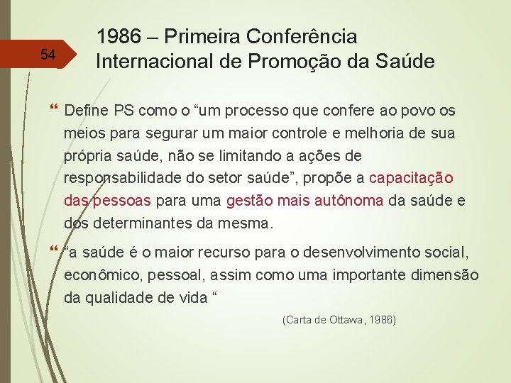 54 1986 – Primeira Conferência Internacional de Promoção da Saúde Define PS como o