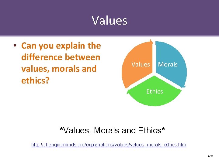 Values • Can you explain the difference between values, morals and ethics? Values Morals
