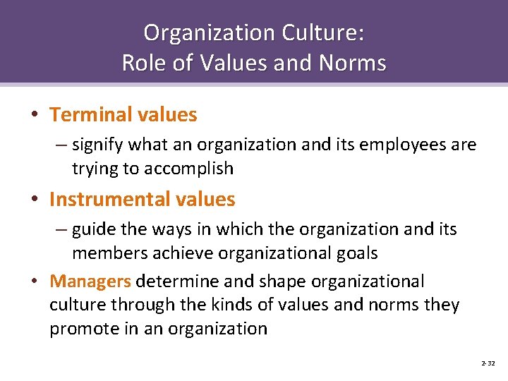 Organization Culture: Role of Values and Norms • Terminal values – signify what an