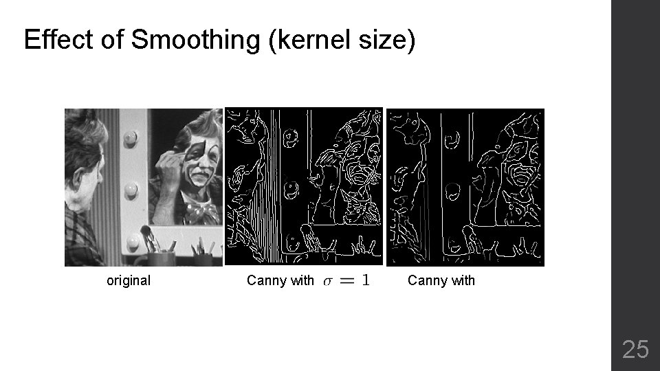 Effect of Smoothing (kernel size) original Canny with 25 