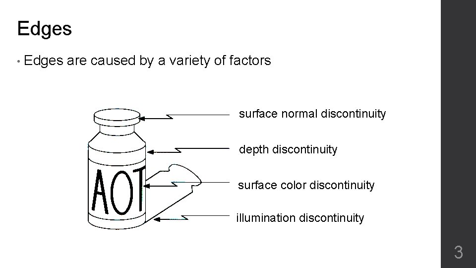 Edges • Edges are caused by a variety of factors surface normal discontinuity depth