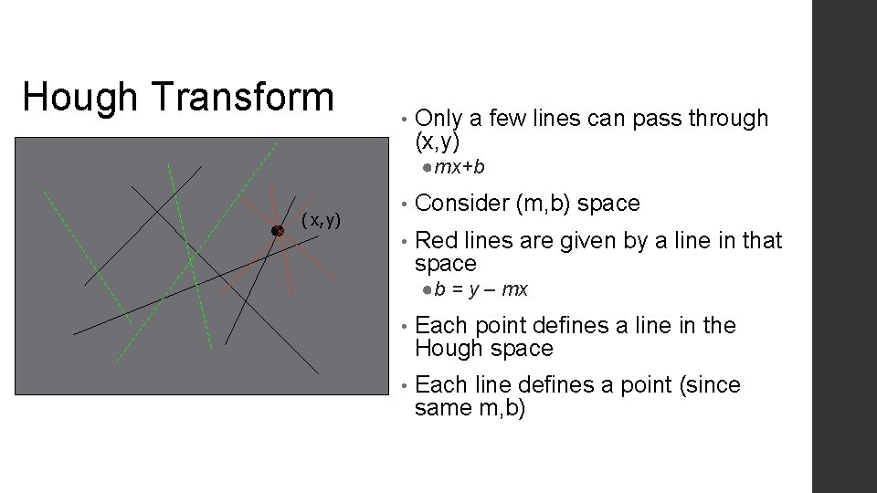 Hough Transform • Only a few lines can pass through (x, y) ●mx+b (x,